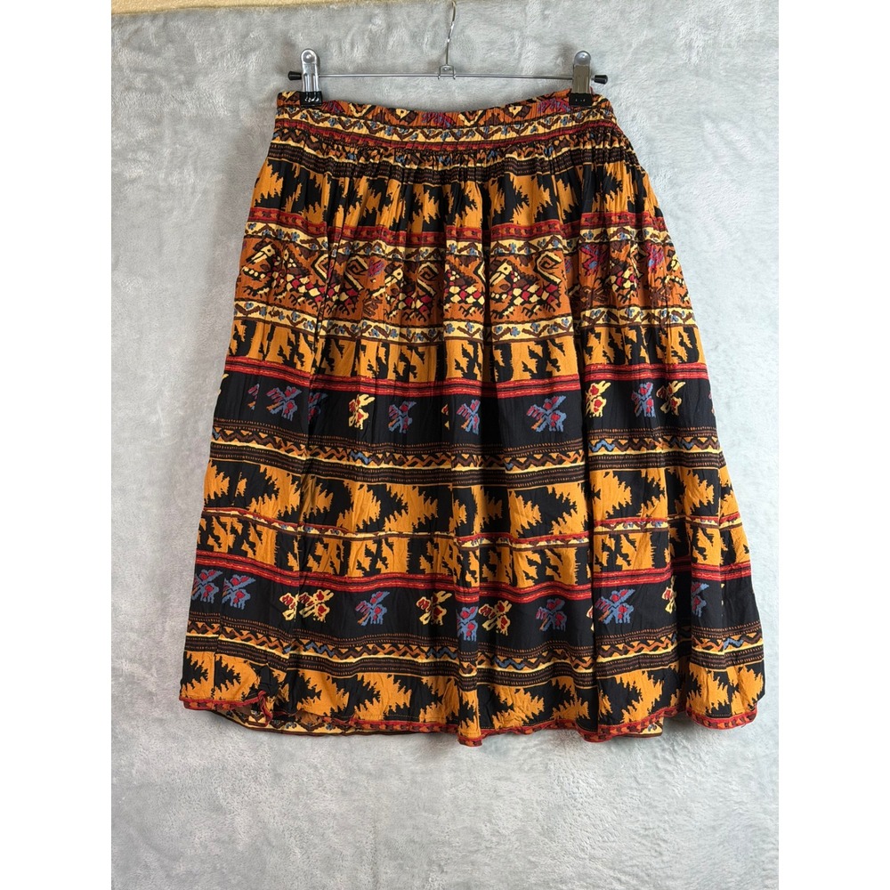 RIVER‎ RIDGE Skirt Women PM Brown Rayon Southwest Tribal Boho Midi Vintage 90s